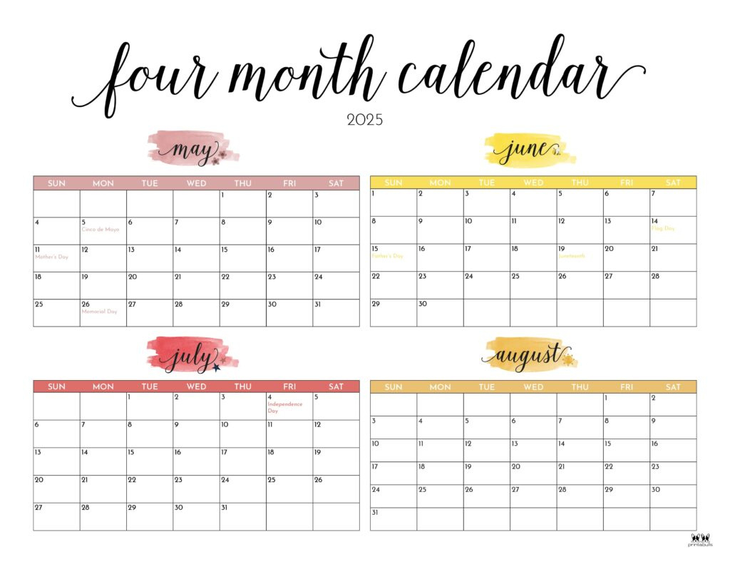2025 Four Month Calendars - 31 Free Printables | Printabulls for 4 Month Calendar May June July August 2025