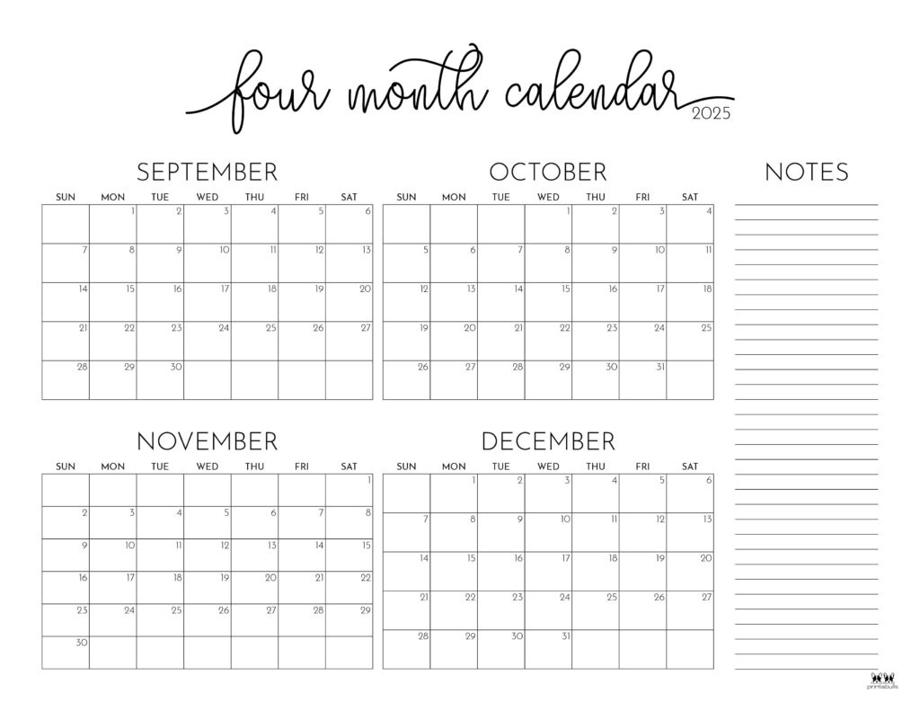 2025 Four Month Calendars - 31 Free Printables | Printabulls in 4 Month Calendar May June July August 2025