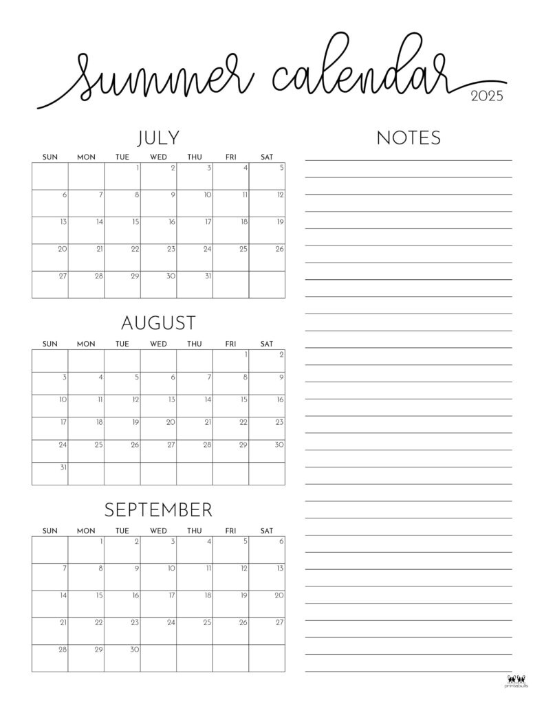 2025 Summer Calendars - 27 Free Printables | Printabulls within July And August 2025 Calendar