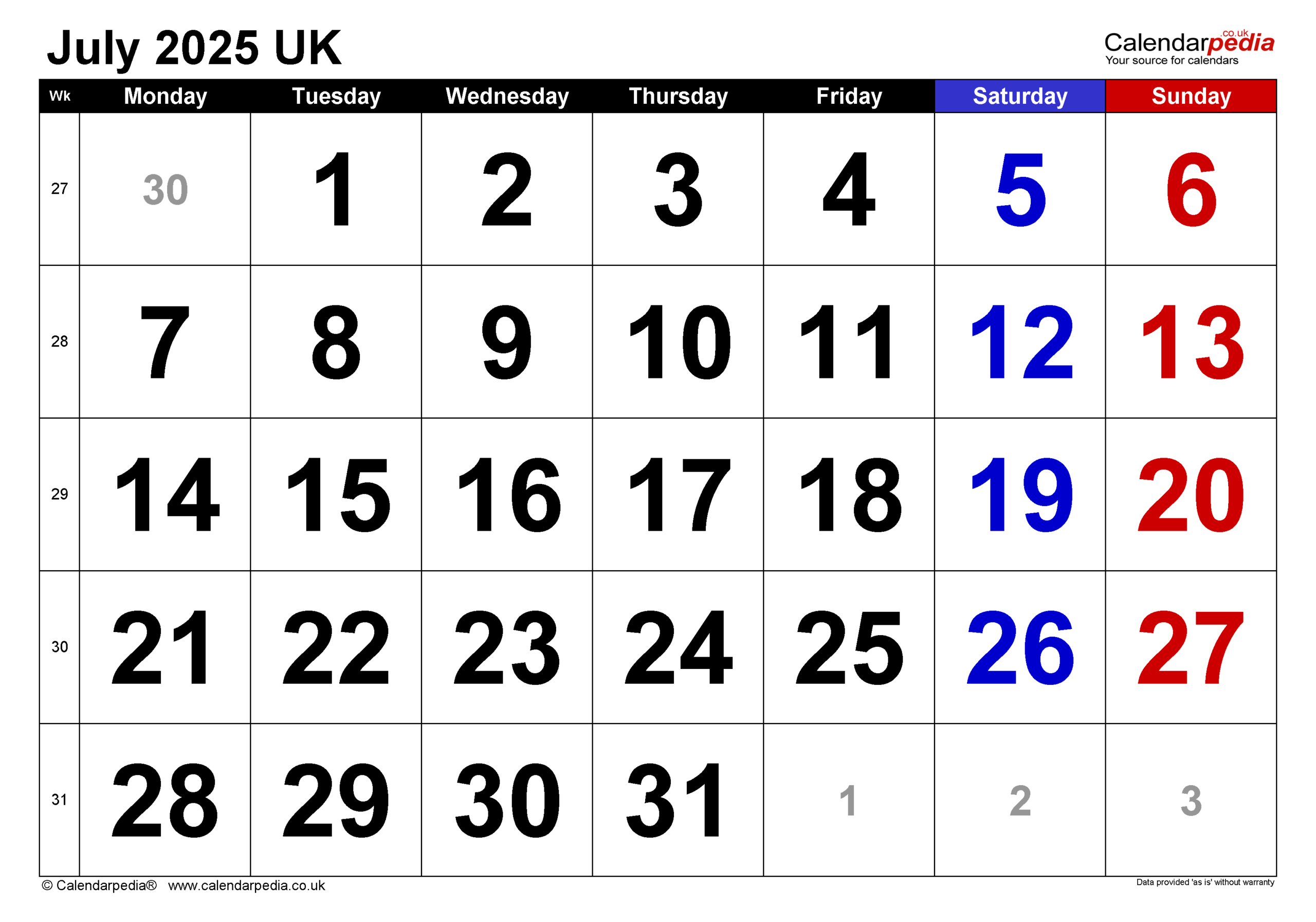 Calendar July 2025 Uk With Pdf, Excel And Word Templates in Month Of July 2025 Calendar