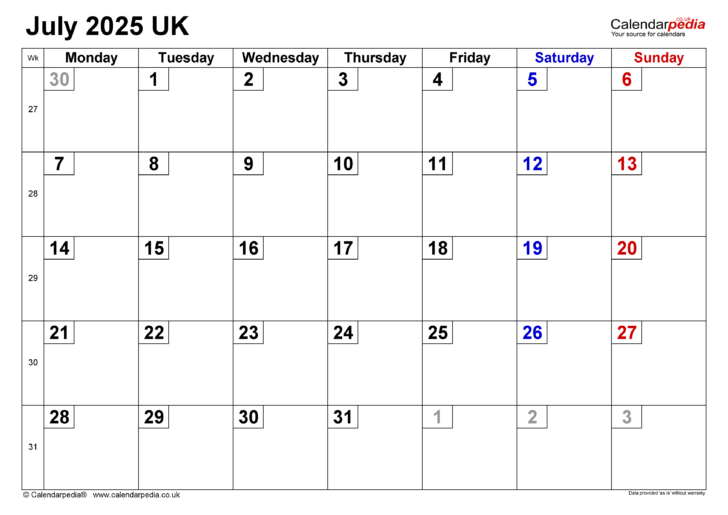 July 2025 Calendar United Kingdom