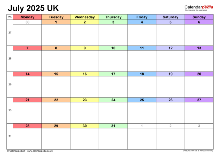 July Calendar 2025 UK
