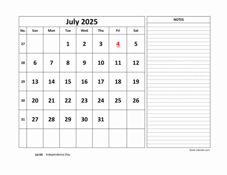 July 2025 Calendar with Notes Printable