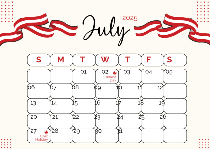 July 2025 Calendar with Holidays Canada