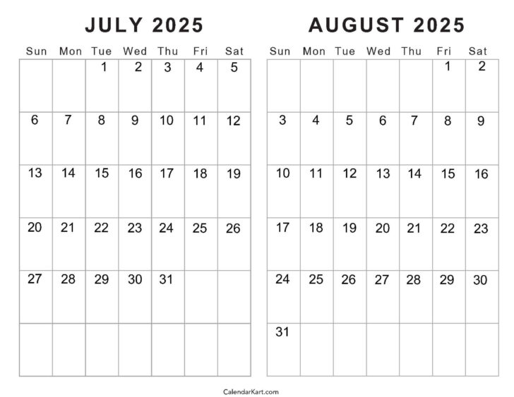 Free Printable July and August 2025 Calendar