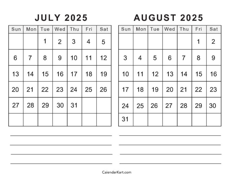 Printable Calendar For July and August 2025