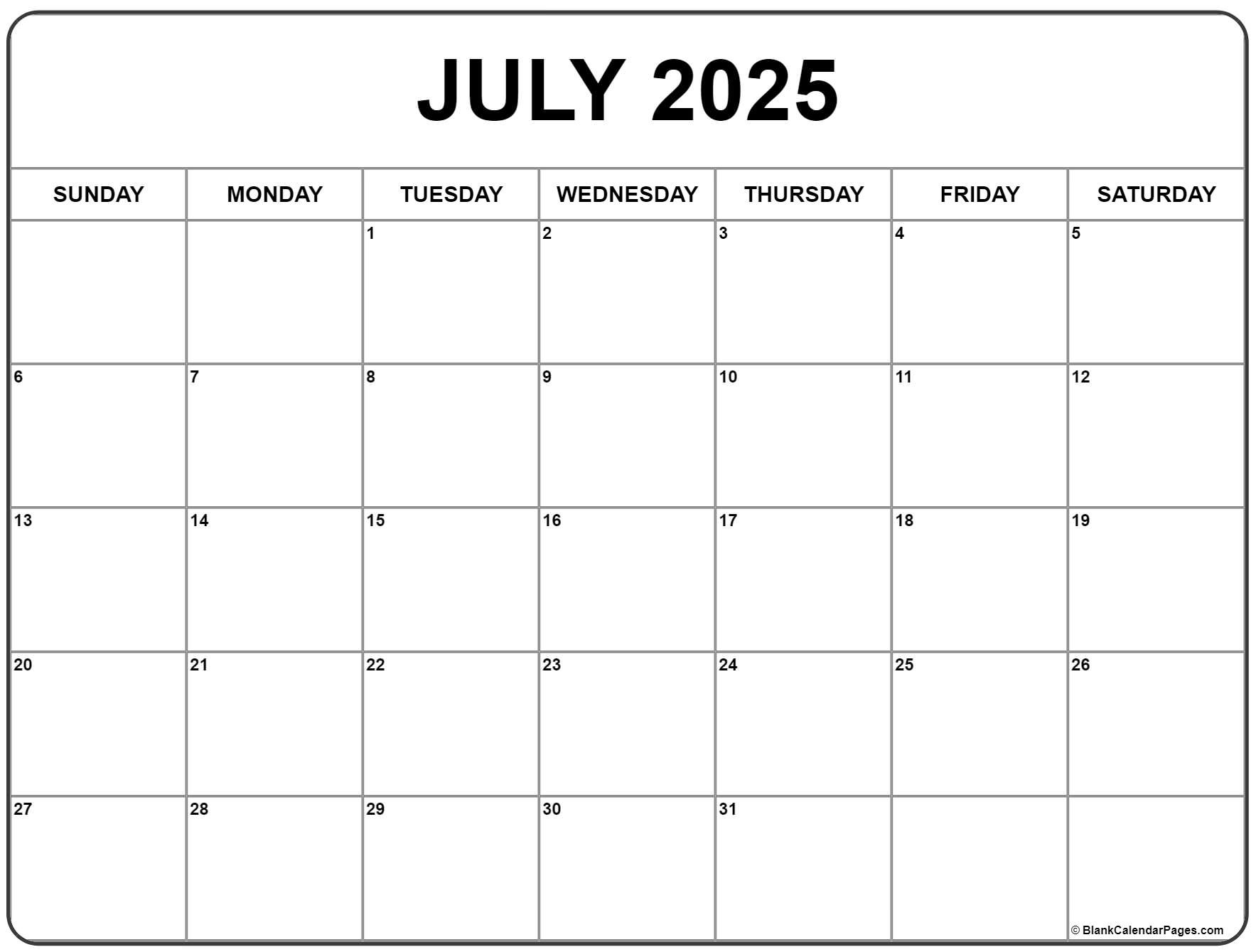 July 2025 Calendar | Free Printable Calendars in July 2025 Printable Calendar Free
