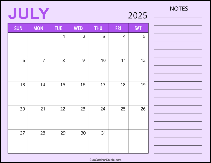 July Calendar 2025 with Lines