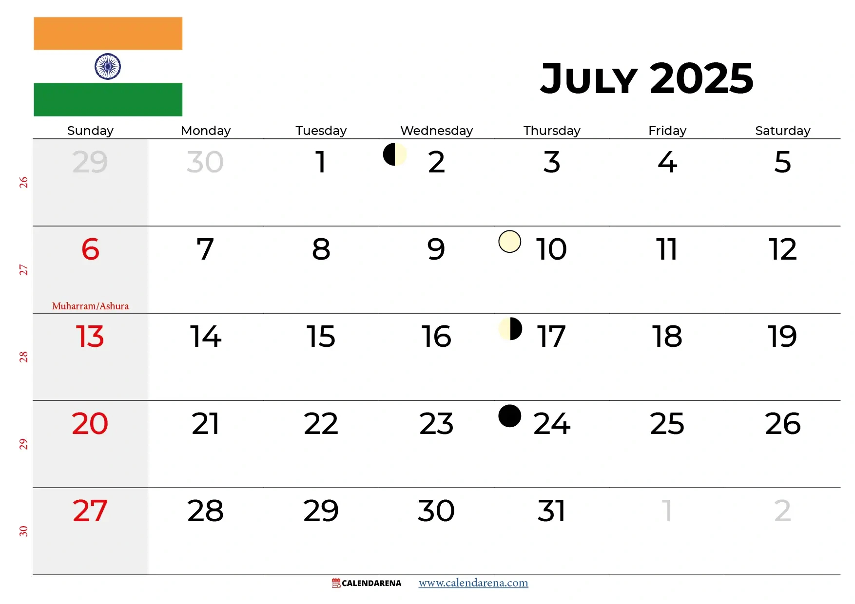 July 2025 Calendar India within July Calendar 2025 With Holidays
