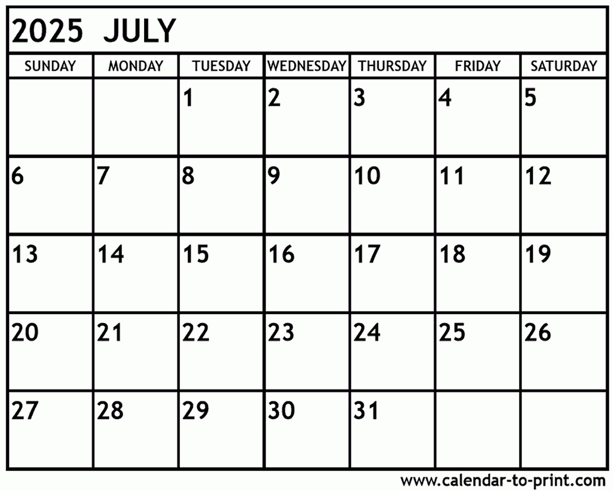July 2025 Calendar Printable with regard to July Calendar 2025 to Print