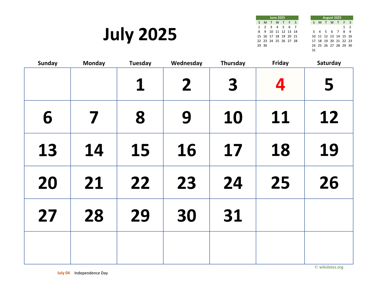 July 2025 Calendar With Extra-Large Dates | Wikidates for July 2025 Wiki Calendar Printable Free