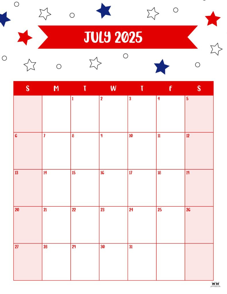 July 2025 Calendars - 107 Free Printables | Printabulls with regard to July 2025 Calendar Printable Portrait