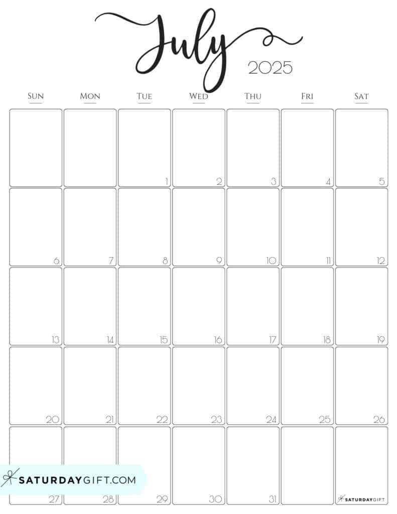July 2025 Calendars - 23 Cute Free Printable Pdfs | Saturdaygift pertaining to July 2025 Calendar Printable Portrait