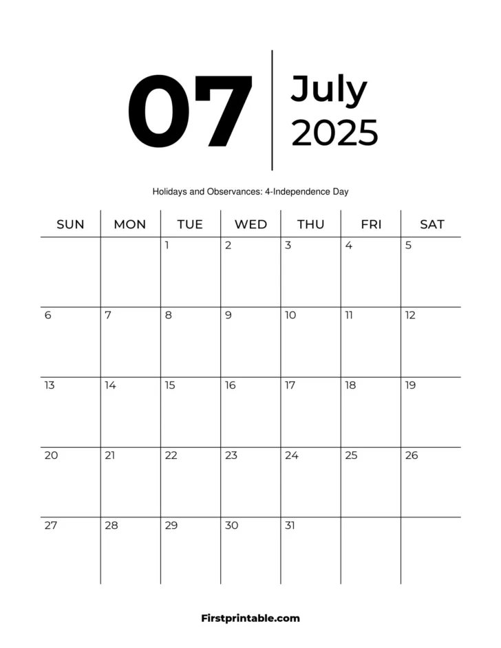 Printable July Calendar 2025 Template