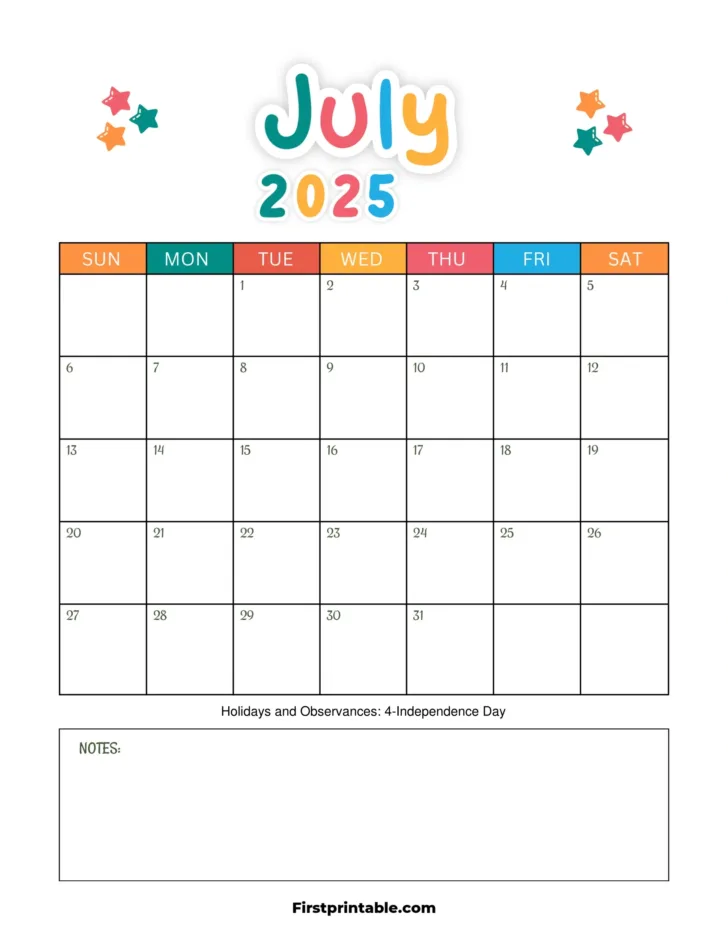 July 2025 Calendar Kids