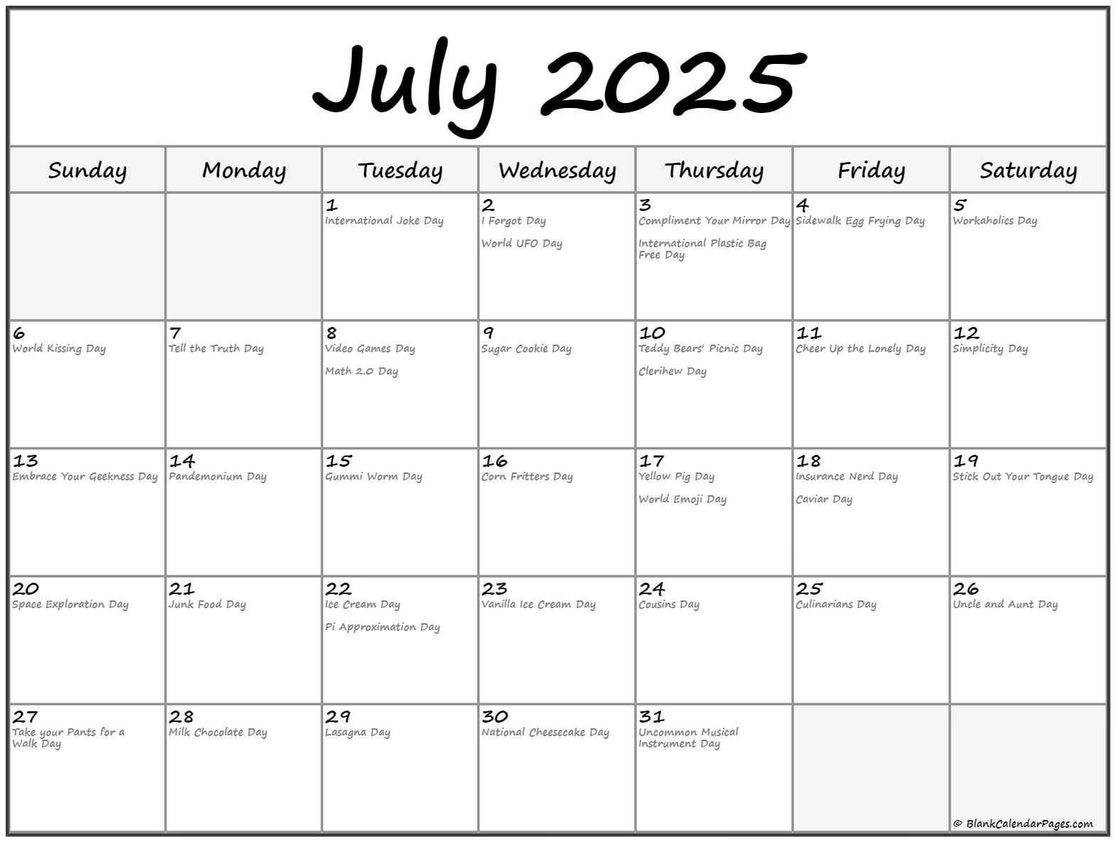 July 2025 With Holidays Calendar with regard to National Day Calendar July 2025
