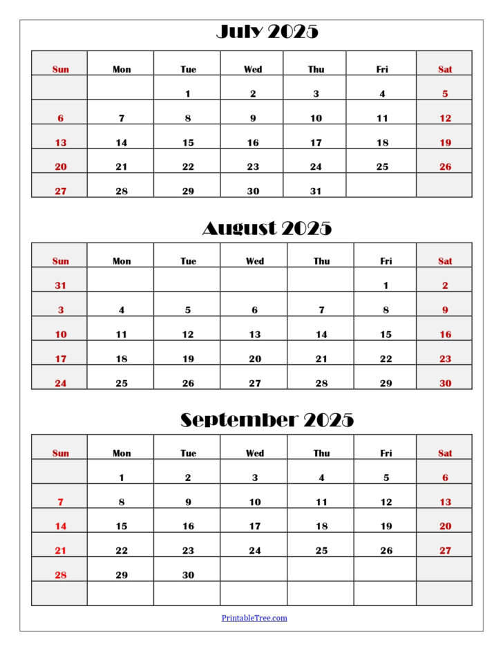 3 Month Calendar July August September 2025