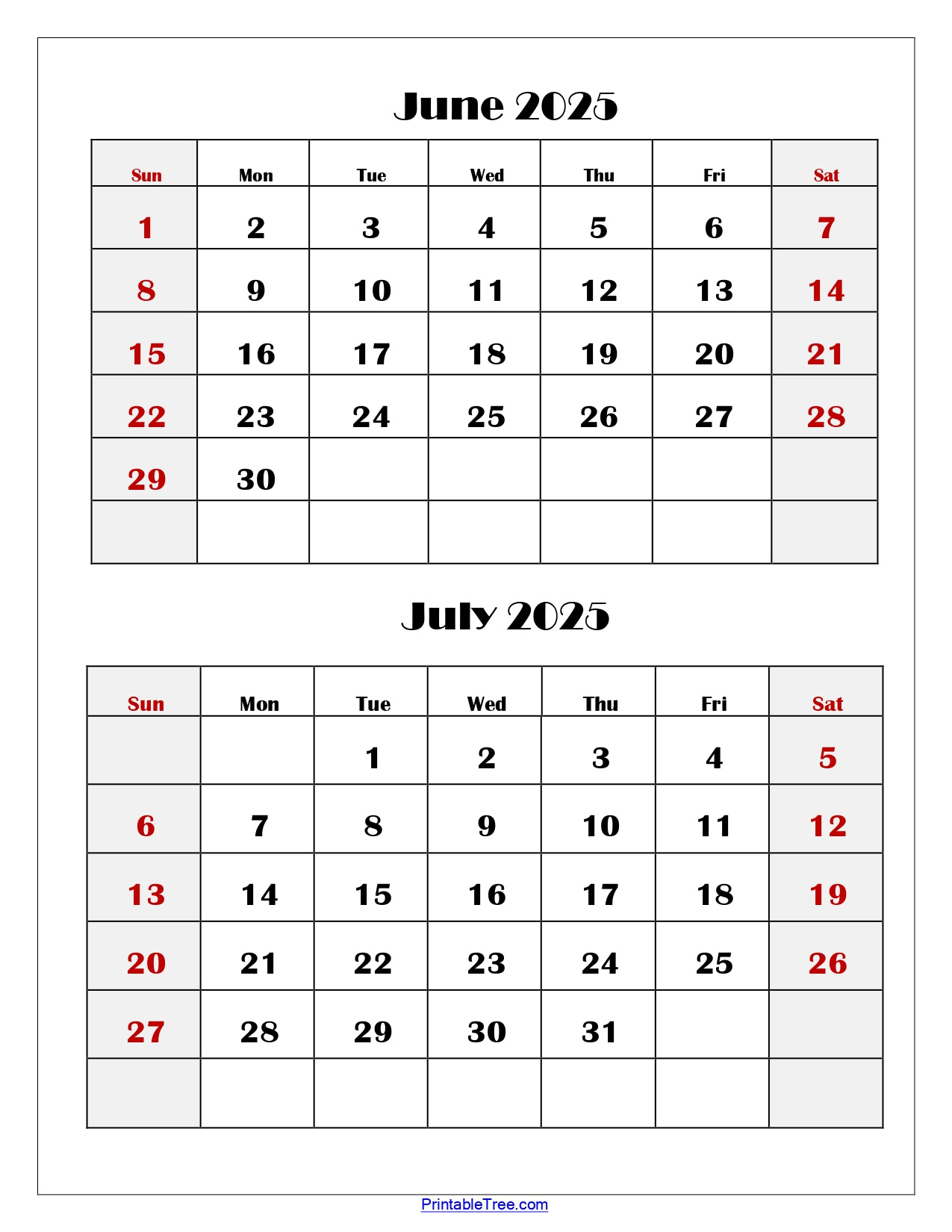 June And July 2025 Calendar Printable Pdf | Two Months Calendar in July 2025 to June 2025 Calendar Printable