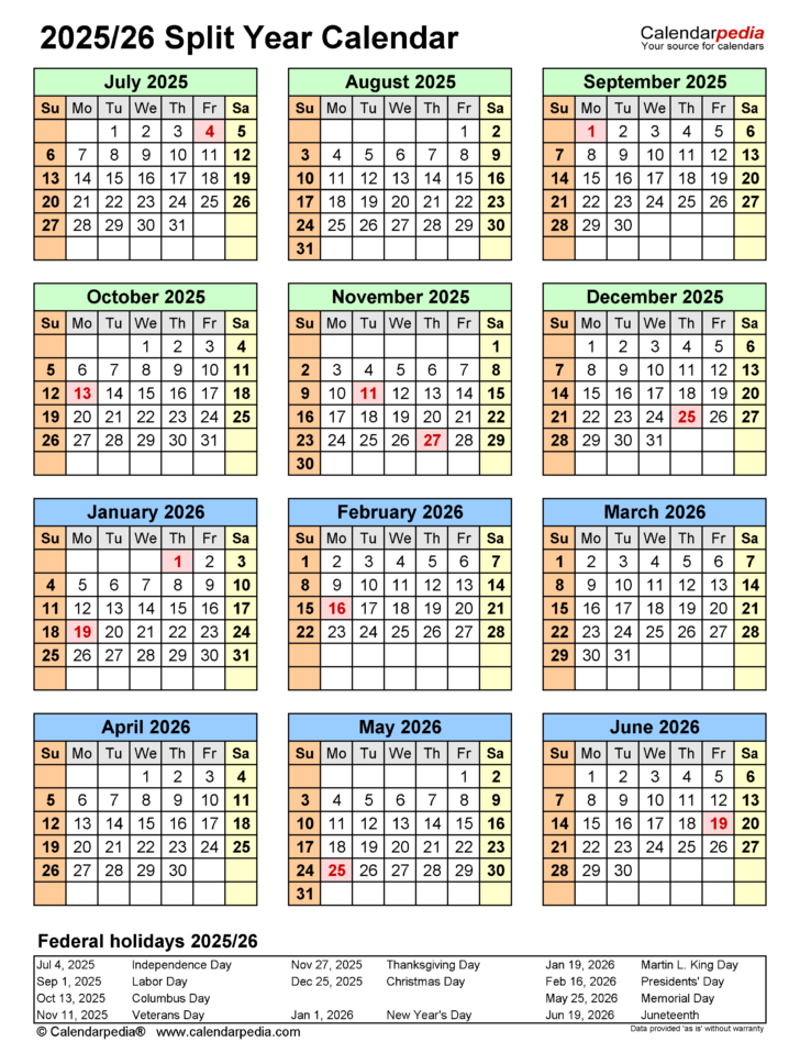 July 2025 – June 2026 Printable Calendar