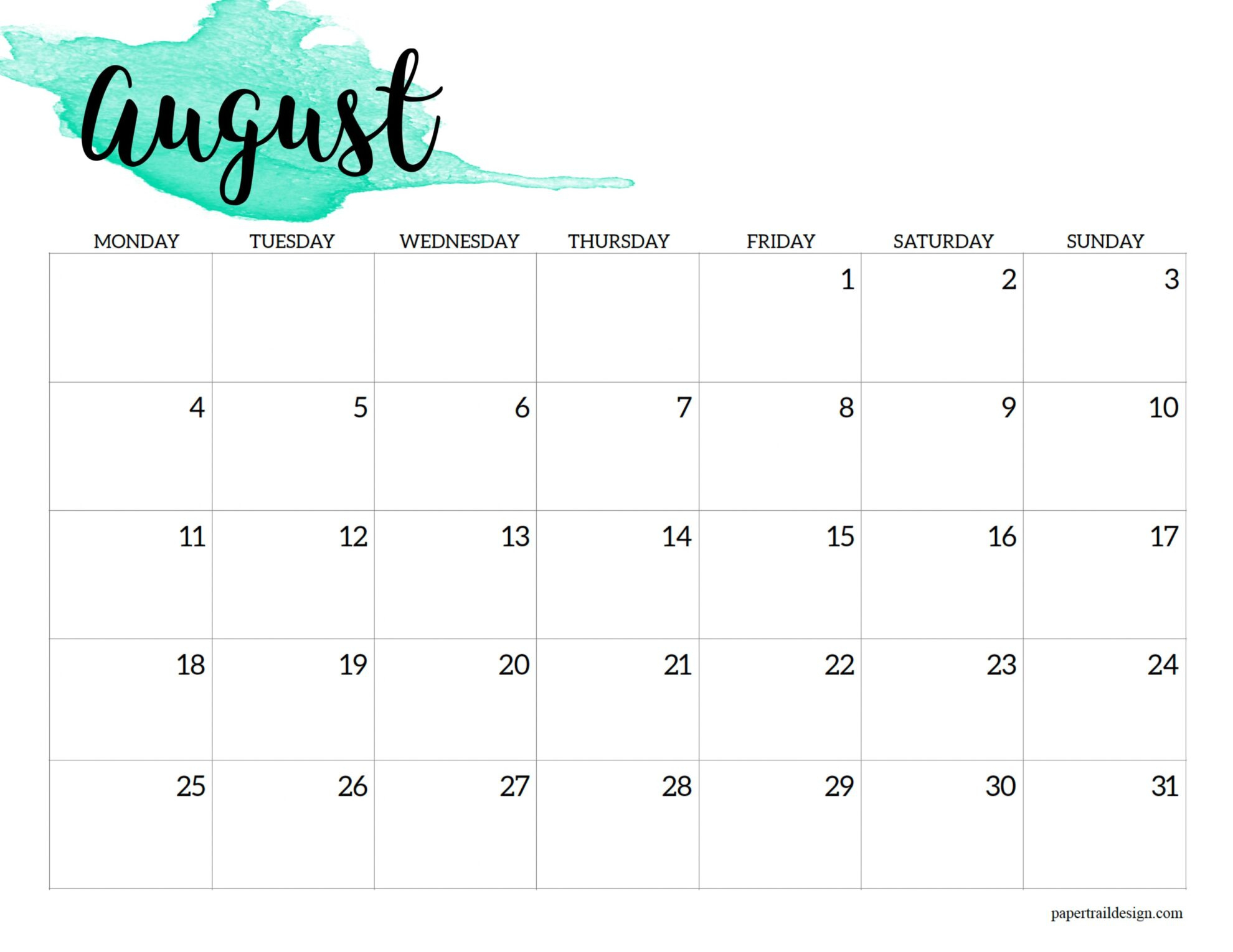 2025 Monday Start Calendar Printable - Watercolor - Paper Trail Design in August 2025 Calendar Monday Start