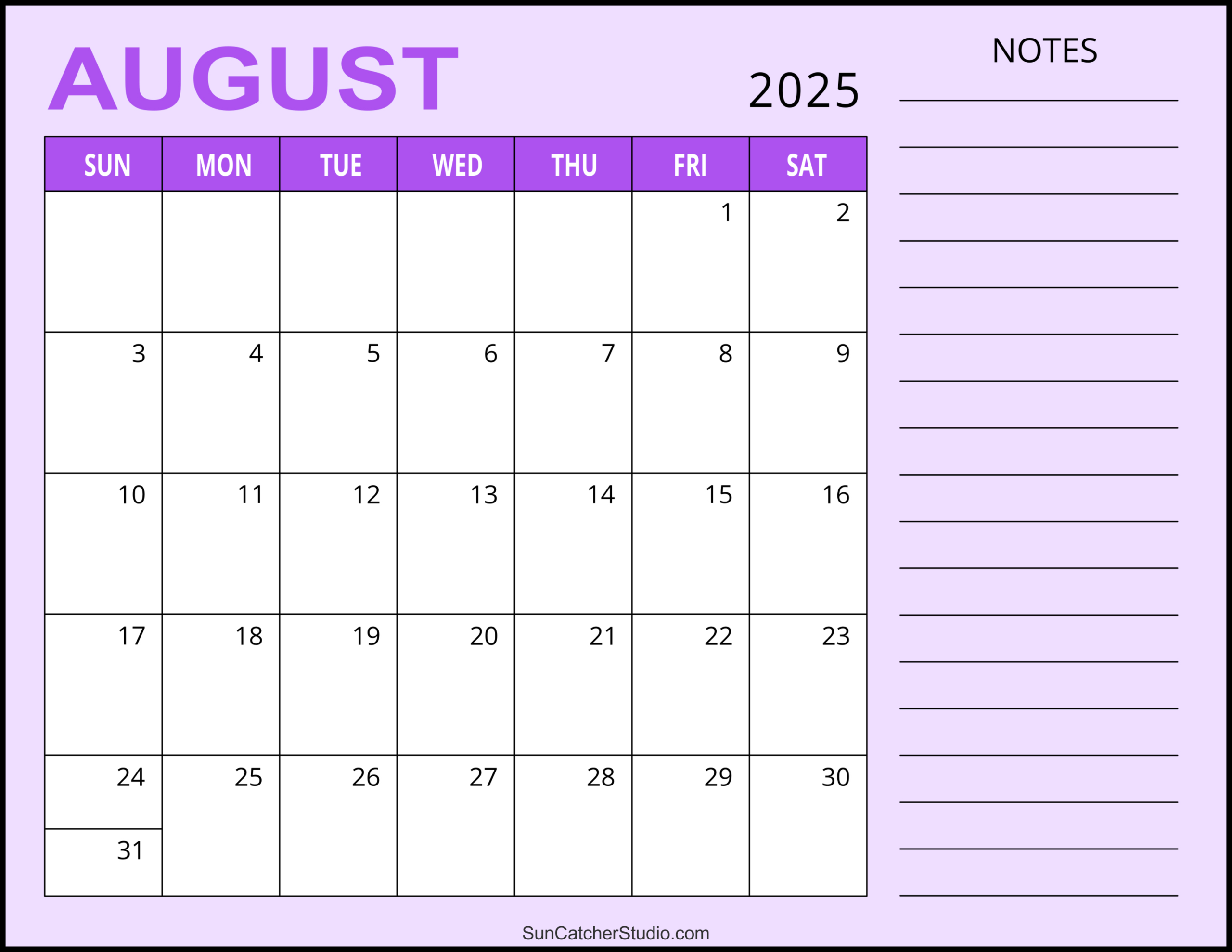 August 2025 Calendar (Free Printable) – Free Printables, Monograms inside August 2025 Calendar with Notes