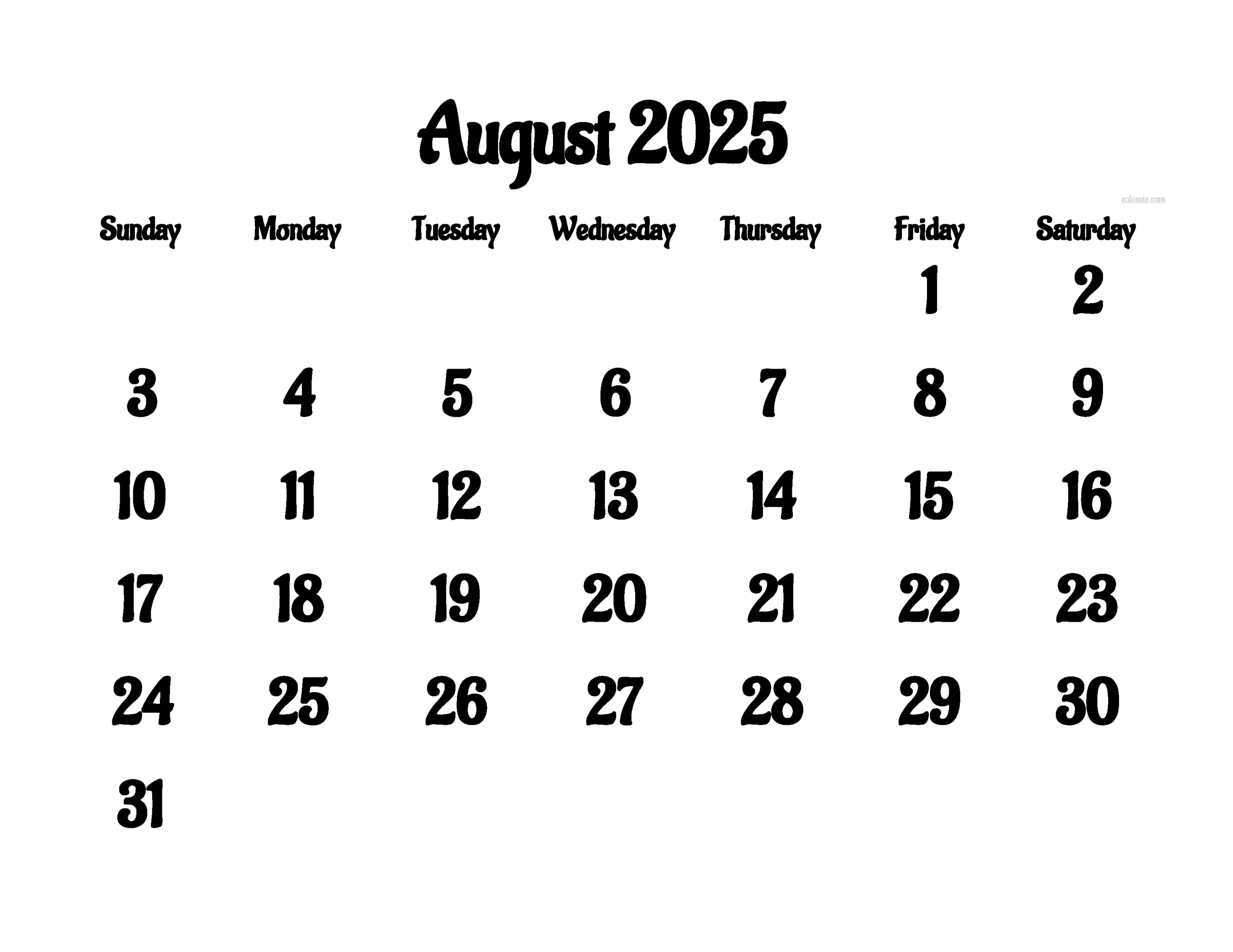 August 2025 Calendar - Free Printable Pdf, Xls And Png | Www in August Printable Calendar 2025 Word