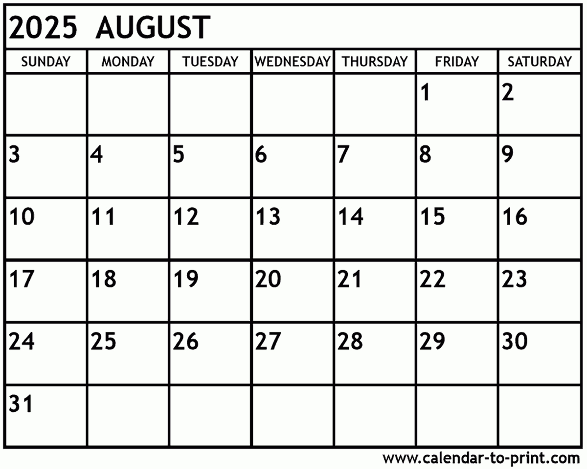 August 2025 Calendar Printable pertaining to August Weekly Calendar 2025 Printable