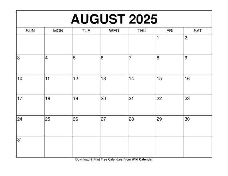 August 2025 Calendar of Events