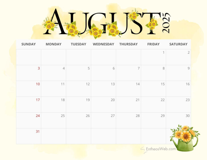 Cute Printable August Calendar 2025