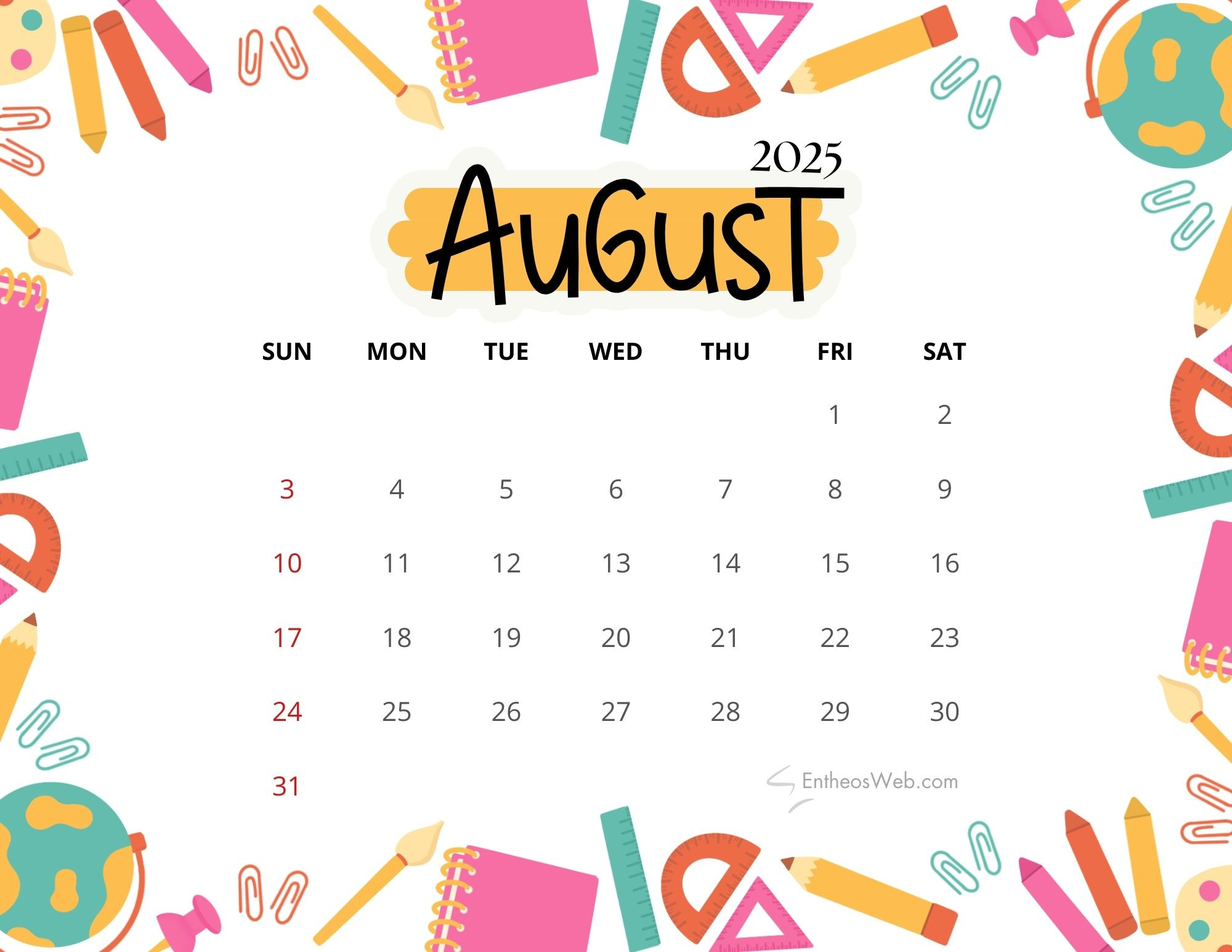 August 2025 Calendar Printables | Entheosweb intended for August Calendar 2025 Cute