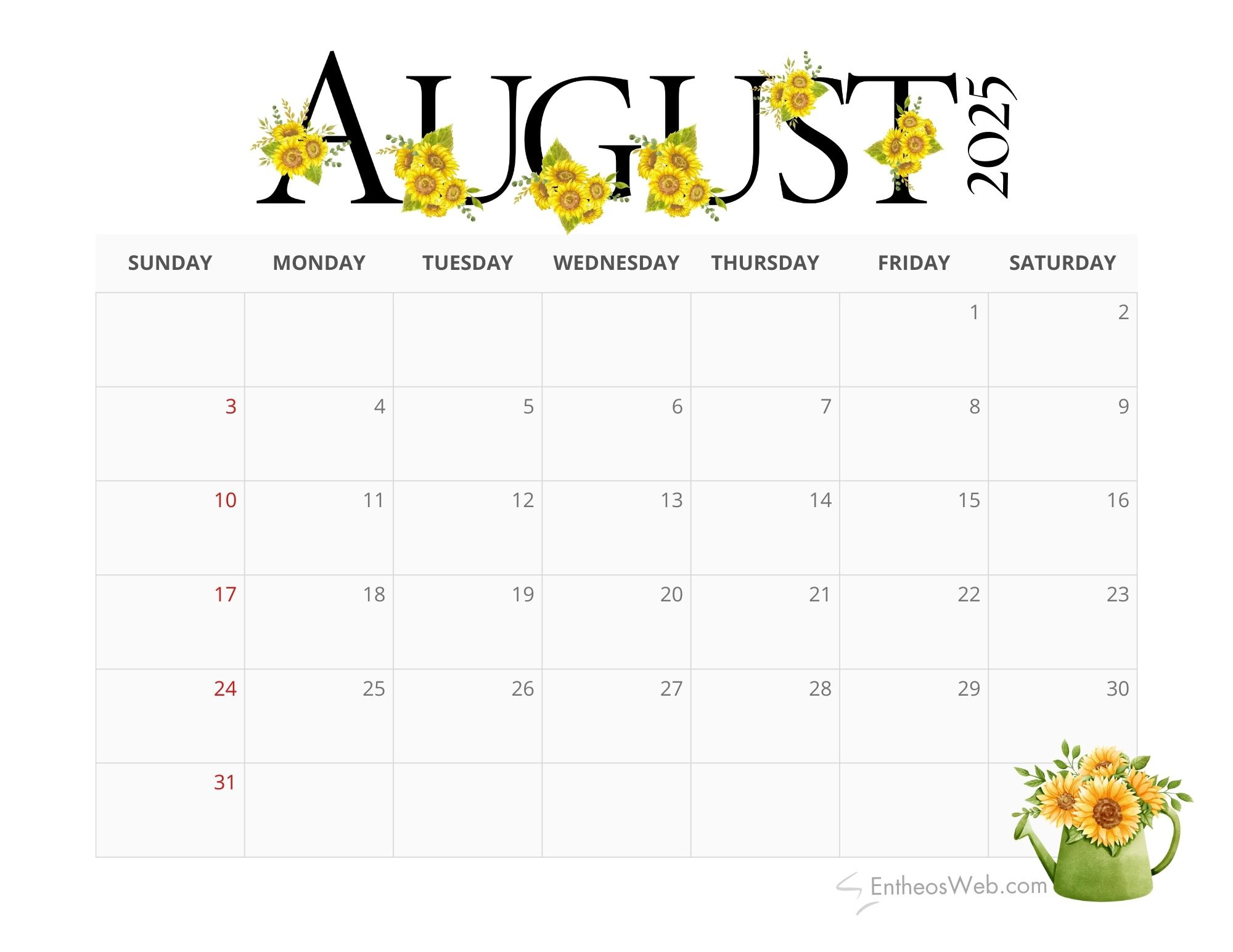August 2025 Calendar Printables | Entheosweb throughout Free August 2025 Calendar