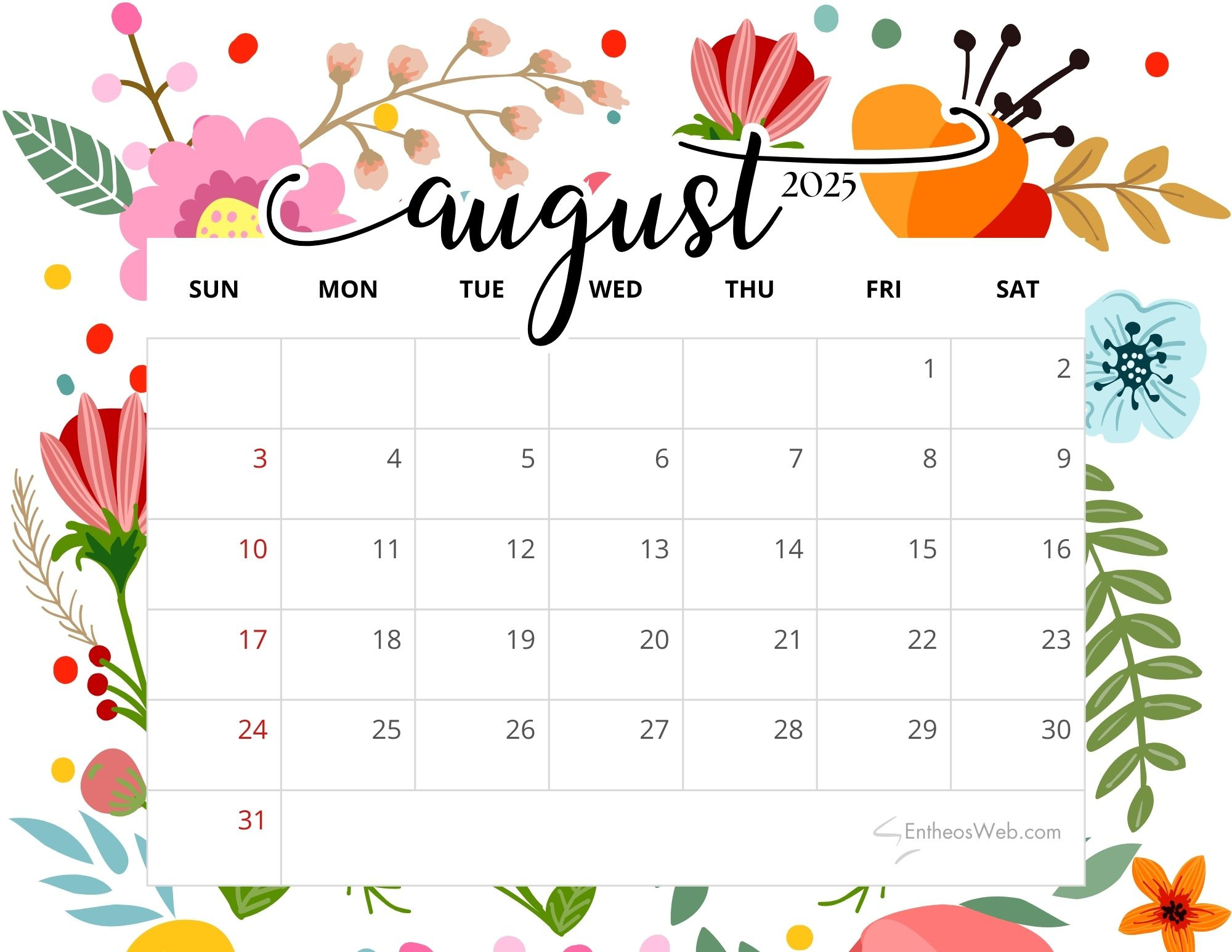 August 2025 Calendar Printables | Entheosweb throughout Printable August 2025 Calendar Free