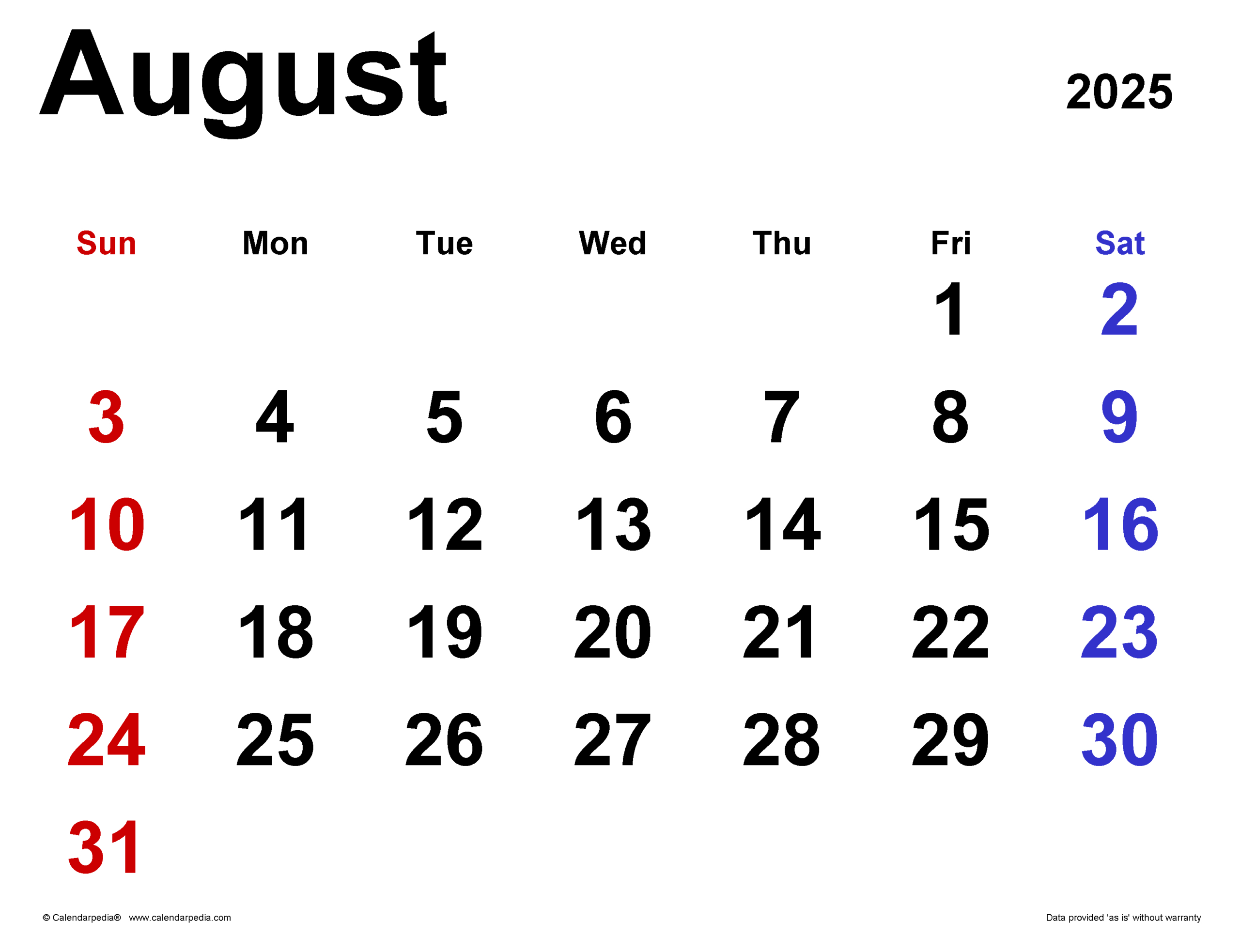 August 2025 Calendar | Templates For Pdf, Excel And Word in August 24Th 2025 Calendar