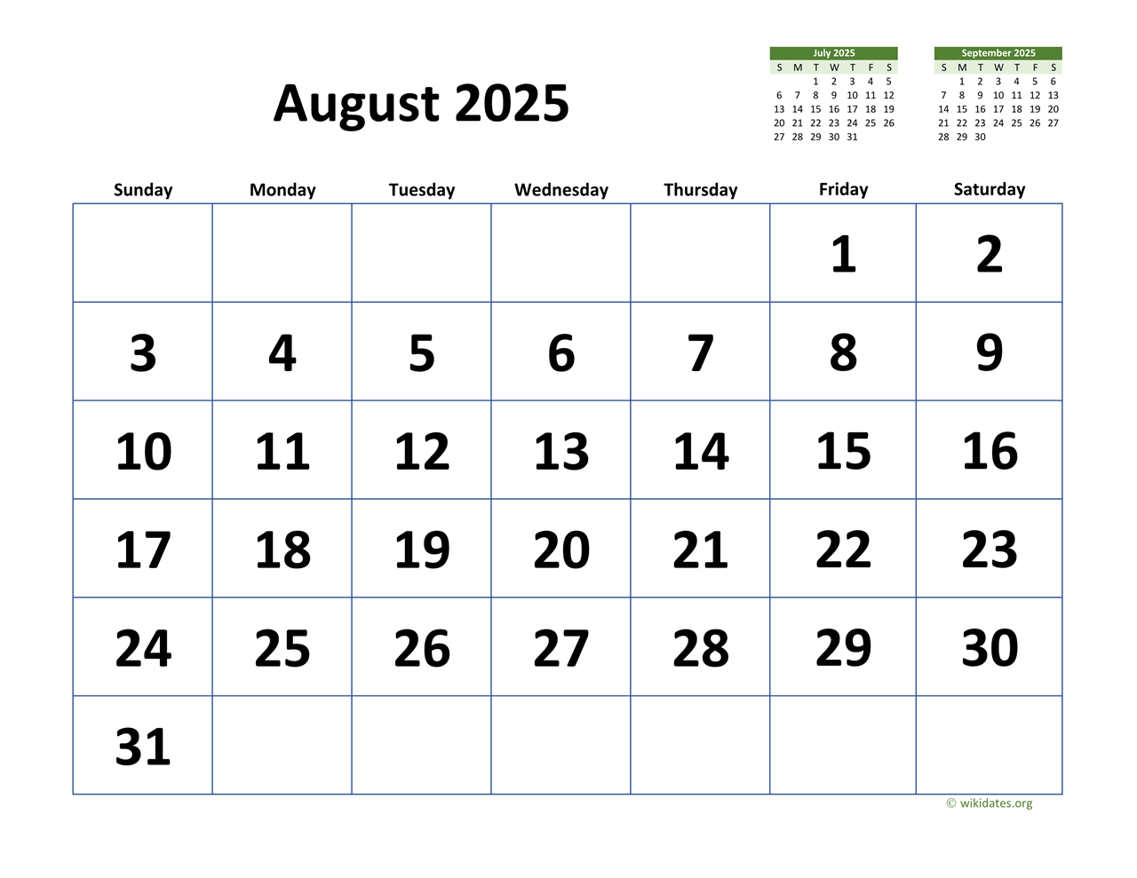 August 2025 Calendar With Extra-Large Dates | Wikidates regarding August 16 2025 Calendar