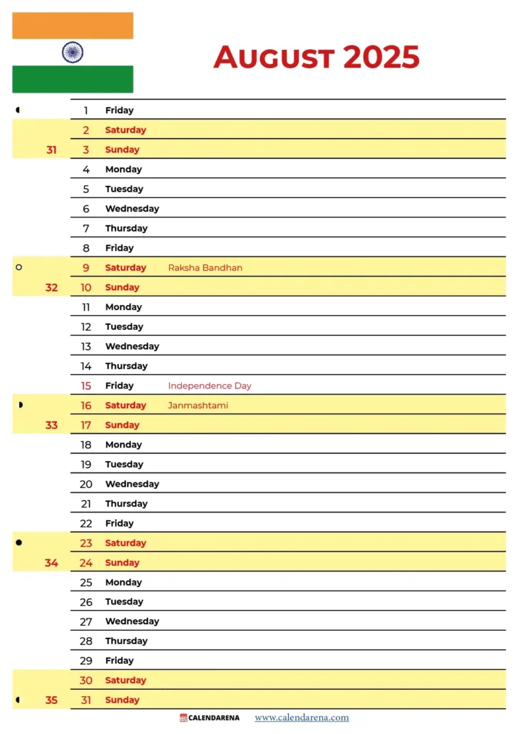 August 2025 Calendar with Holidays India