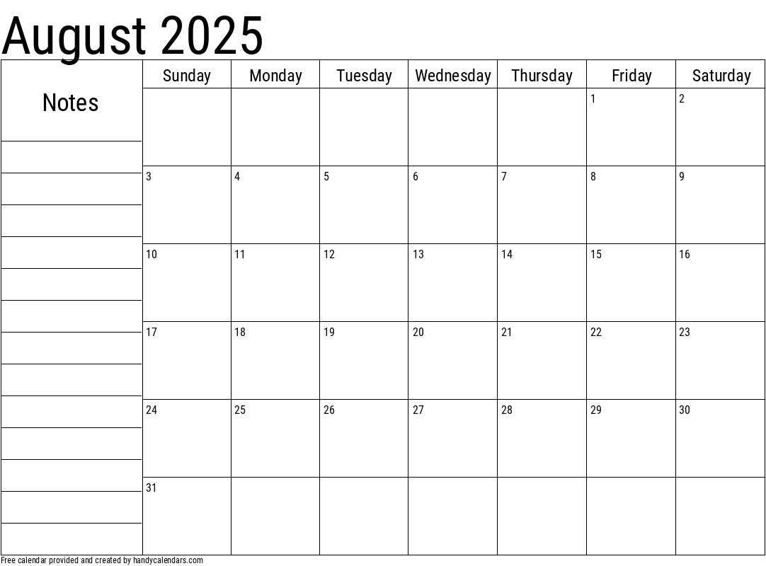 August 2025 Calendar With Notes - Handy Calendars with August 2025 Calendar with Notes