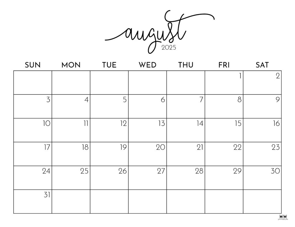 August 2025 Calendars - 107 Free Printables | Printabulls in August 2025 Fillable Calendar