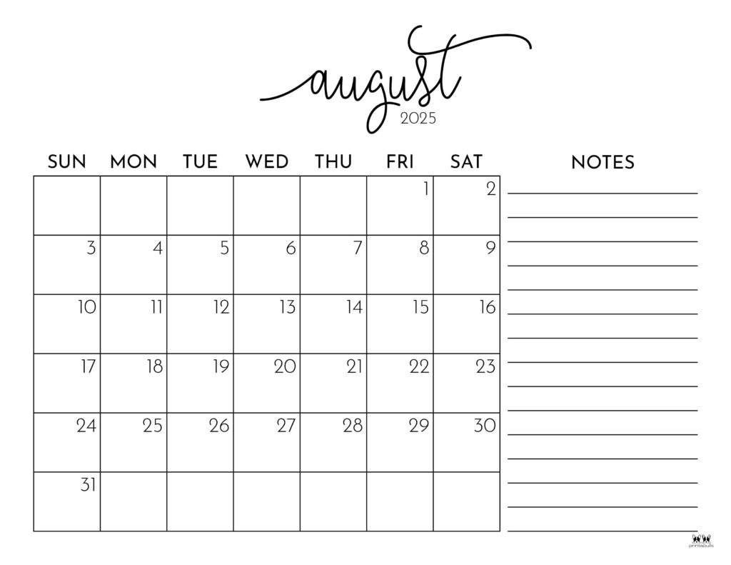 August 2025 Calendars - 107 Free Printables | Printabulls with regard to August 2025 Calendar with Notes