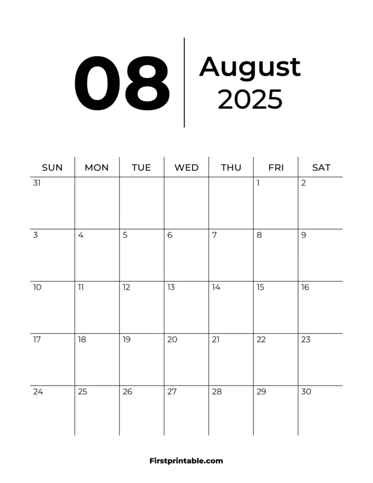 August Calendar 2025 Printable Word
