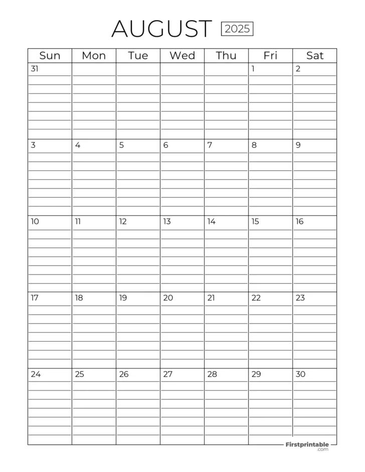 August Calendar 2025 Printable with Lines