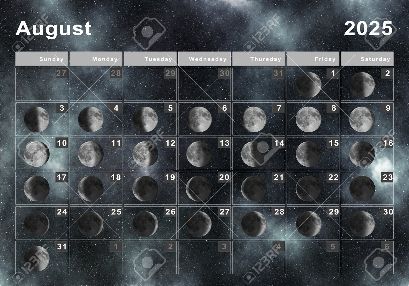 August 2025 Lunar Calendar, Moon Cycles, Moon Phases Stock Photo intended for Moon Phase Calendar August 2025