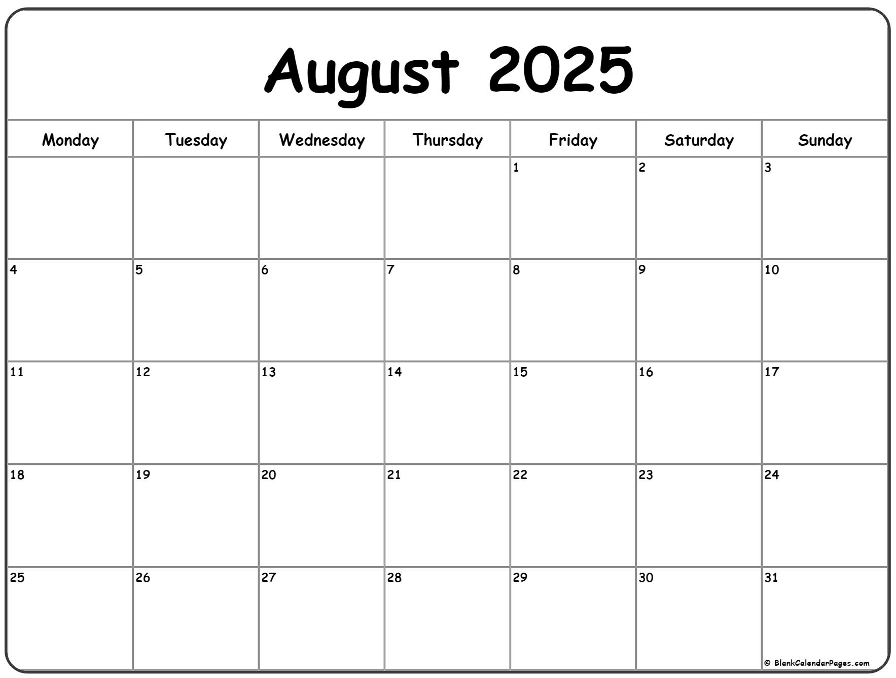 August 2025 Monday Calendar | Monday To Sunday inside August 2025 Calendar Monday Start