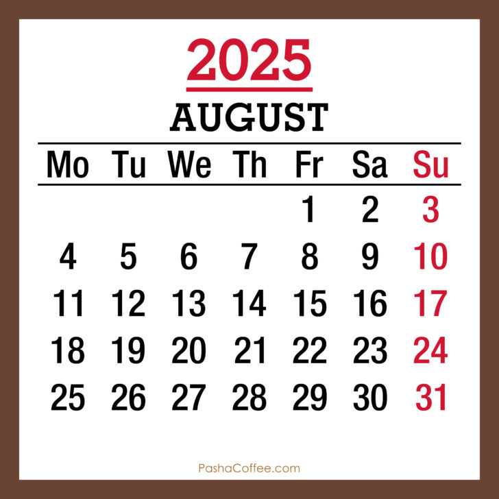 August 2025 Calendar Monday Start