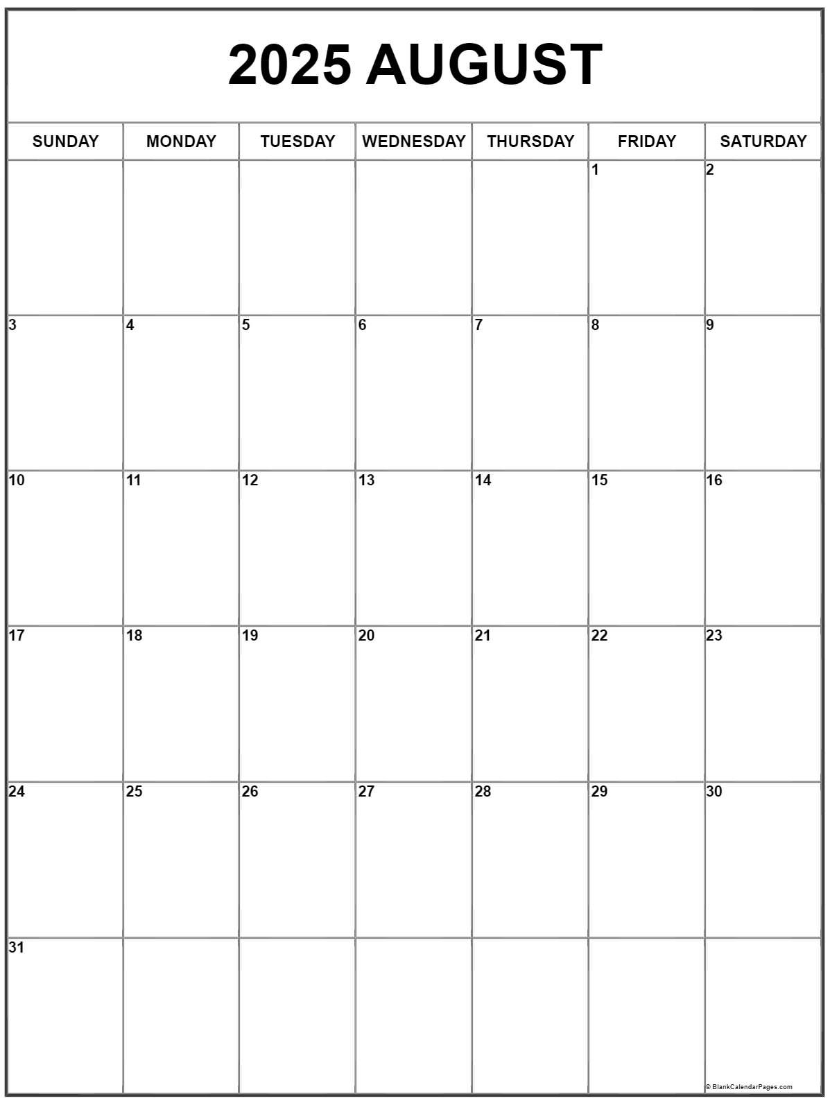 August 2025 Vertical Calendar | Portrait throughout August Calendar 2025 Printables