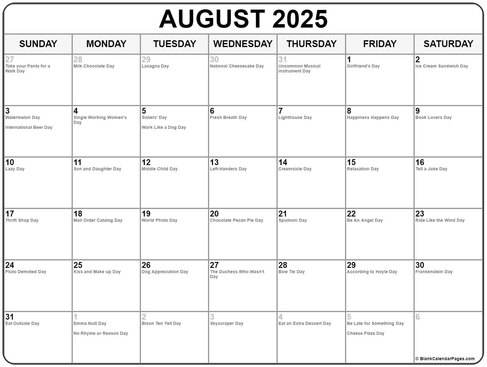 August 2025 With Holidays Calendar intended for August 2025 National Days Calendar