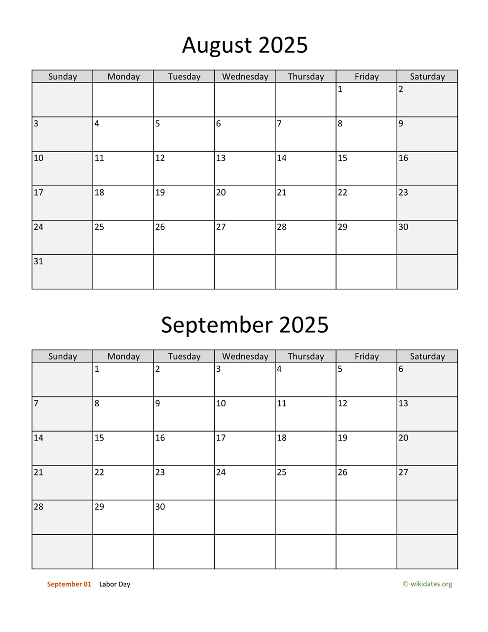 August And September 2025 Calendar | Wikidates with August &amp;amp;amp; September 2025 Calendar