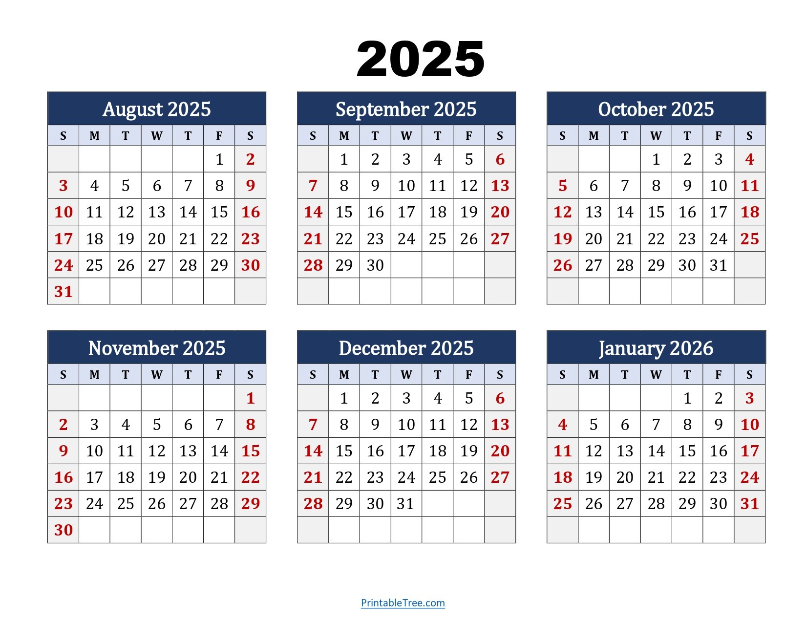 August To January 2026 Calendar Printable Pdf | Six Months Calendar in August 2025 August 2026 Calendar