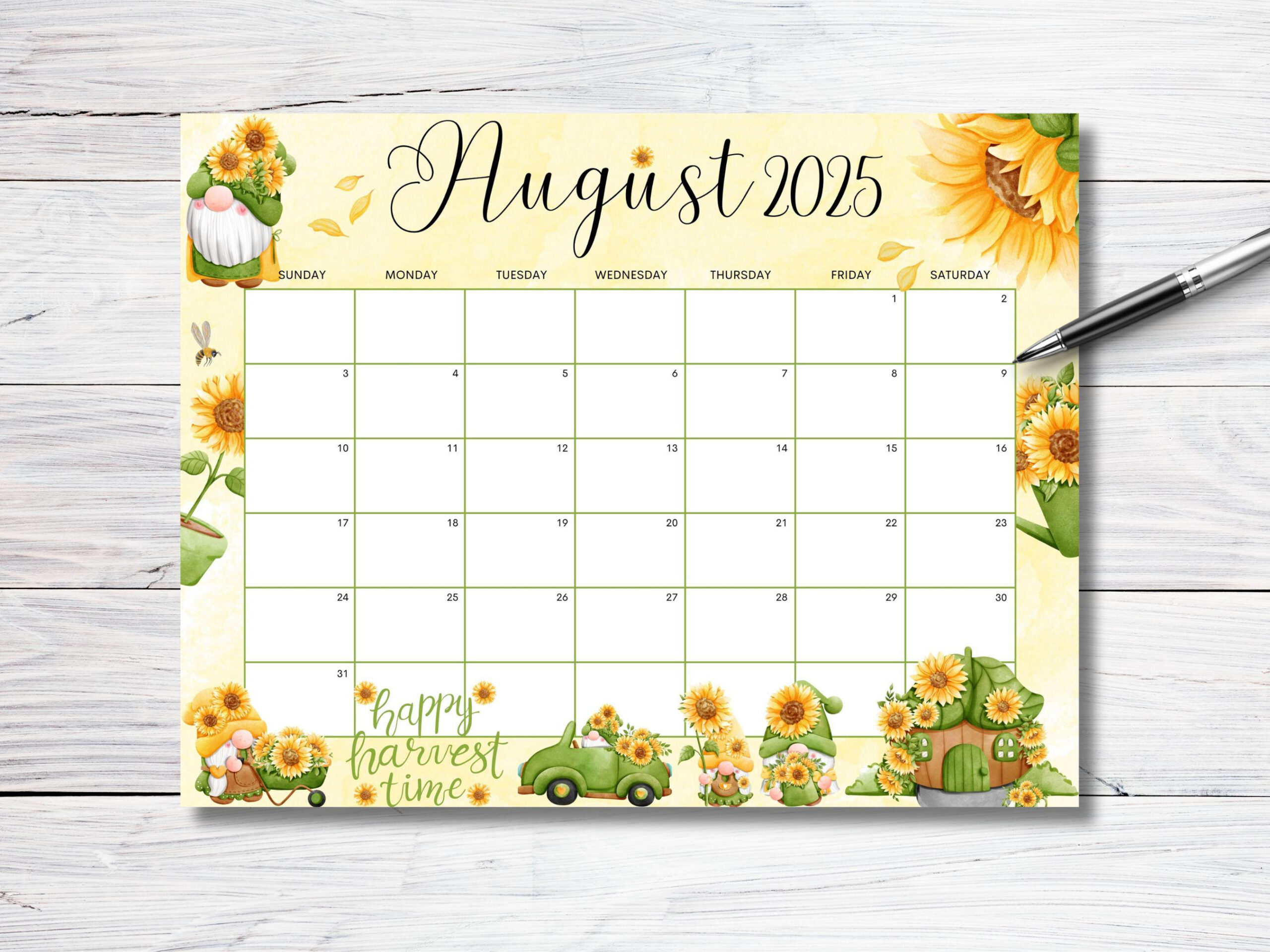 Editable August 2025 Calendar, Sunflower Gnome Garden Planner regarding Editable August 2025 Calendar
