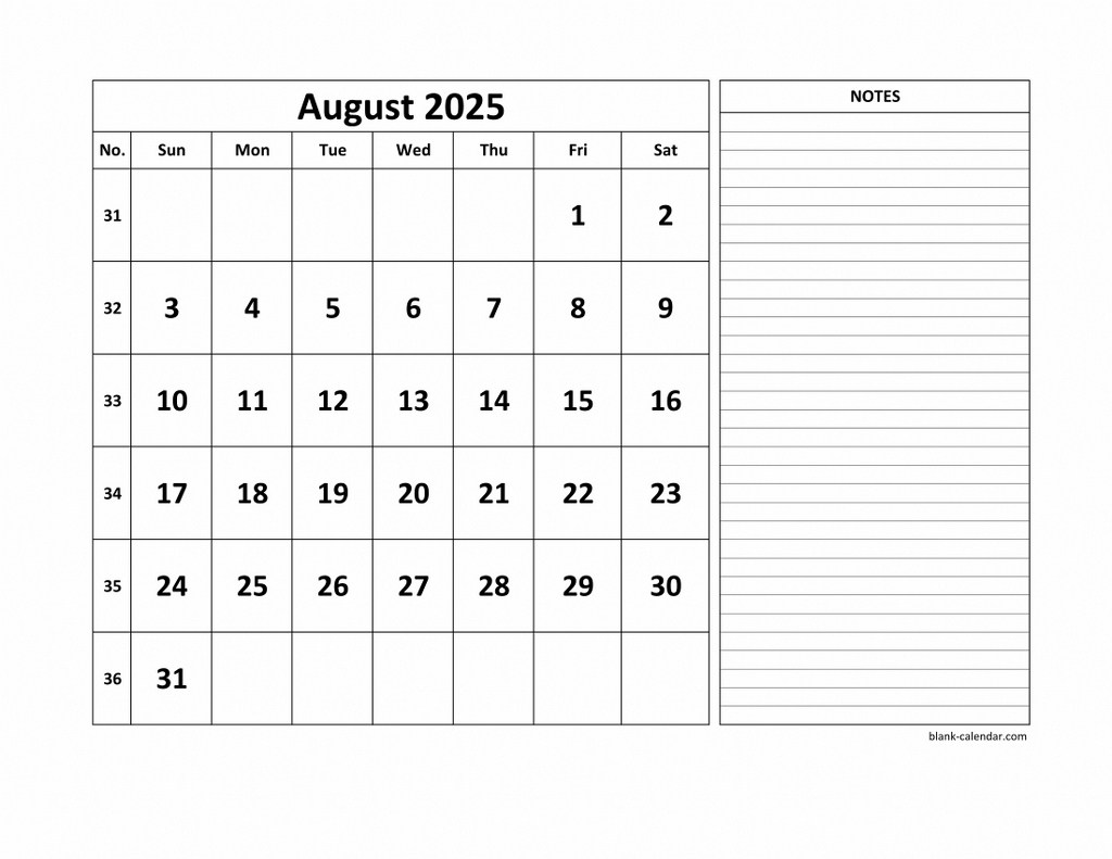 Free Download Printable August 2025 Calendar, Large Space For throughout August Calendar 2025 with Notes Printable
