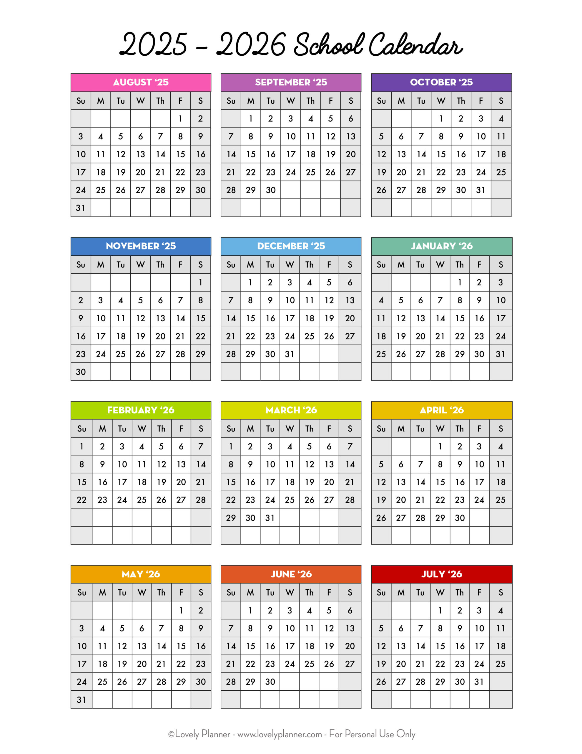Free Printable 2025-2026 School Calendar - One Page Academic for Printable Calendar August 2025 - June 2026